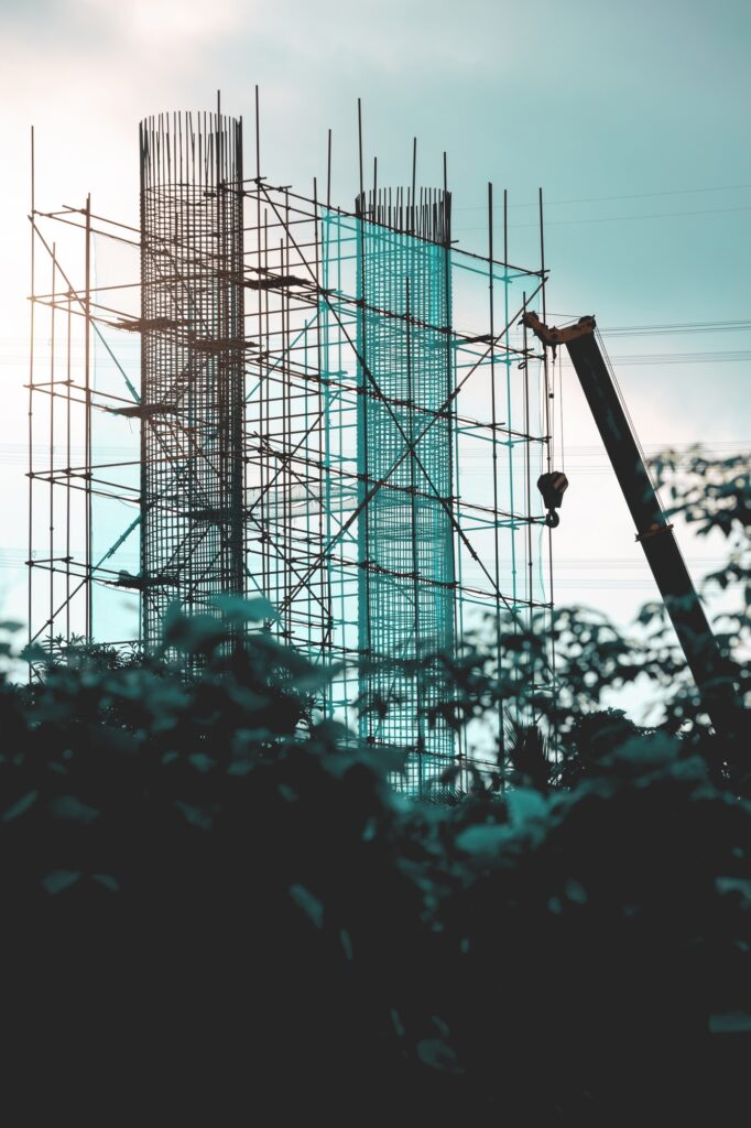 Steel bridge construction with scaffolding and framework